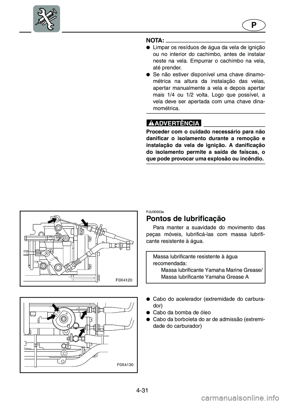 YAMAHA GP1200 2001  ΟΔΗΓΌΣ ΧΡΉΣΗΣ (in Greek) 4-31
P
NOTA :@●Limpar os resíduos de água da vela de ignição
ou no interior do cachimbo, antes de instalar
neste na vela. Empurrar o cachimbo na vela,
até prender. 
●Se não estiver disponív