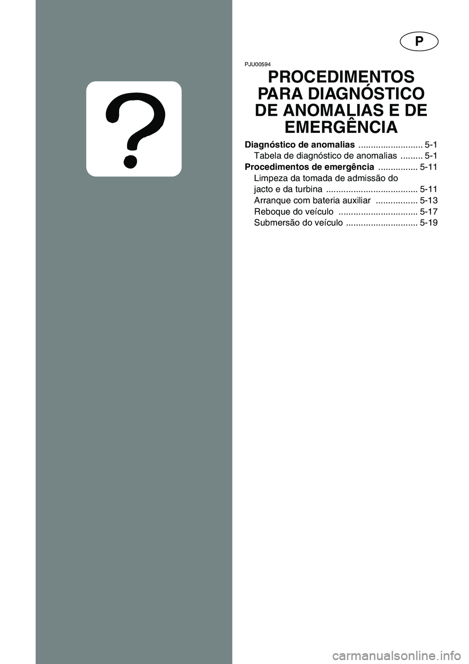 YAMAHA GP1200 2001  ΟΔΗΓΌΣ ΧΡΉΣΗΣ (in Greek) P
PJU00594
PROCEDIMENTOS 
PARA DIAGNÓSTICO 
DE ANOMALIAS E DE 
EMERGÊNCIA
Diagnóstico de anomalias .......................... 5-1
Tabela de diagnóstico de anomalias  ......... 5-1
Procedimentos de