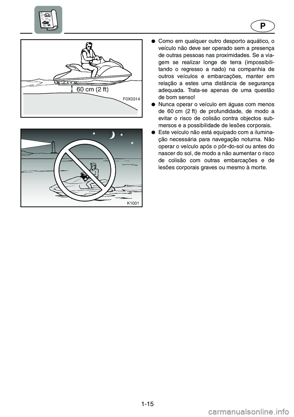 YAMAHA GP1200 2001  Manual de utilização (in Portuguese) 1-15
P
●Como em qualquer outro despor to aquático, o
veículo não deve ser operado sem a presença
de outras pessoas nas proximidades. Se a via-
gem se realizar longe de terra (impossibili-
tando 