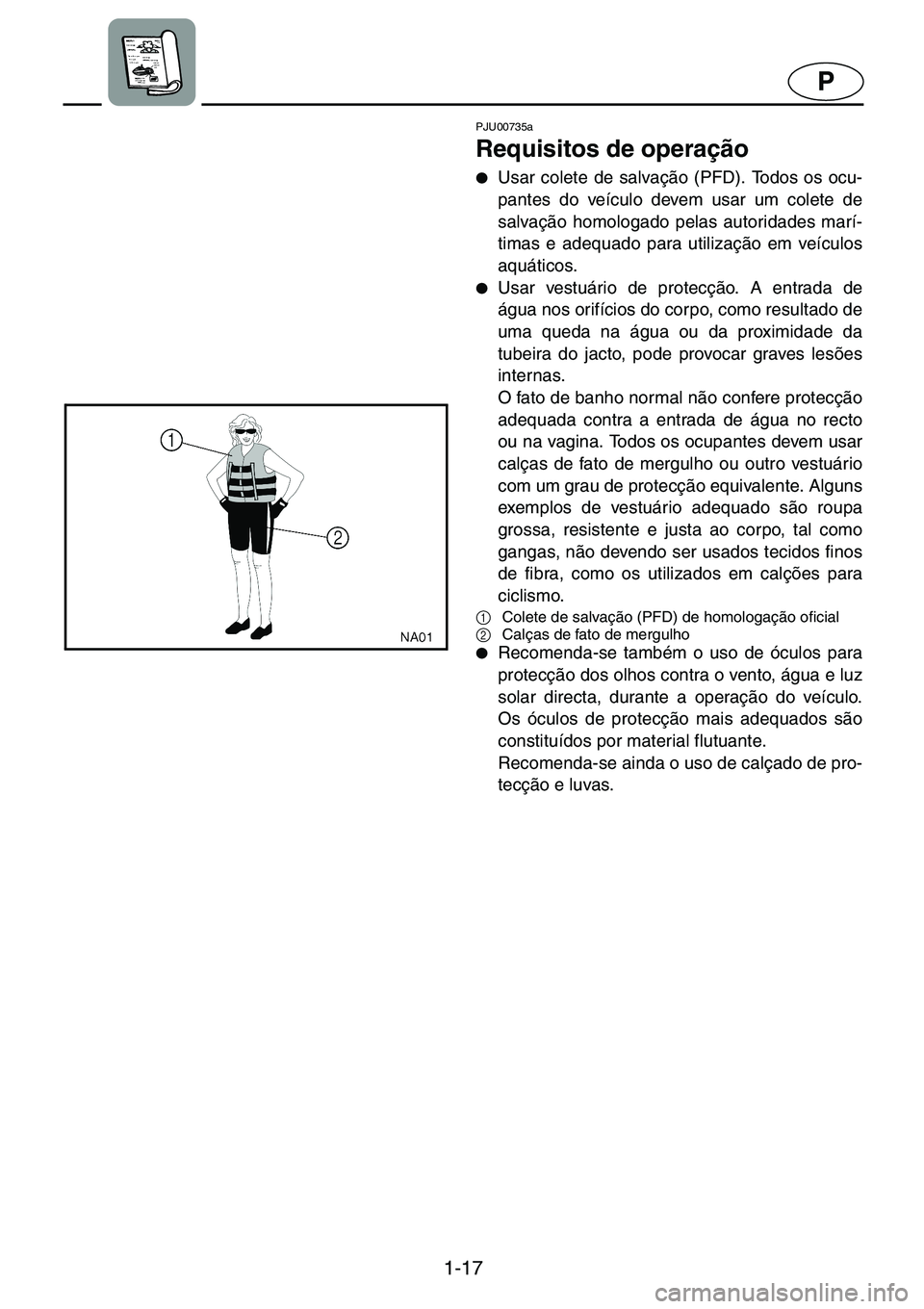 YAMAHA GP1200 2001  ΟΔΗΓΌΣ ΧΡΉΣΗΣ (in Greek) 1-17
P
PJU00735a 
Requisitos de operação  
●Usar colete de salvação (PFD). Todos os ocu-
pantes do veículo devem usar um colete de
salvação homologado pelas autoridades marí-
timas e adequad