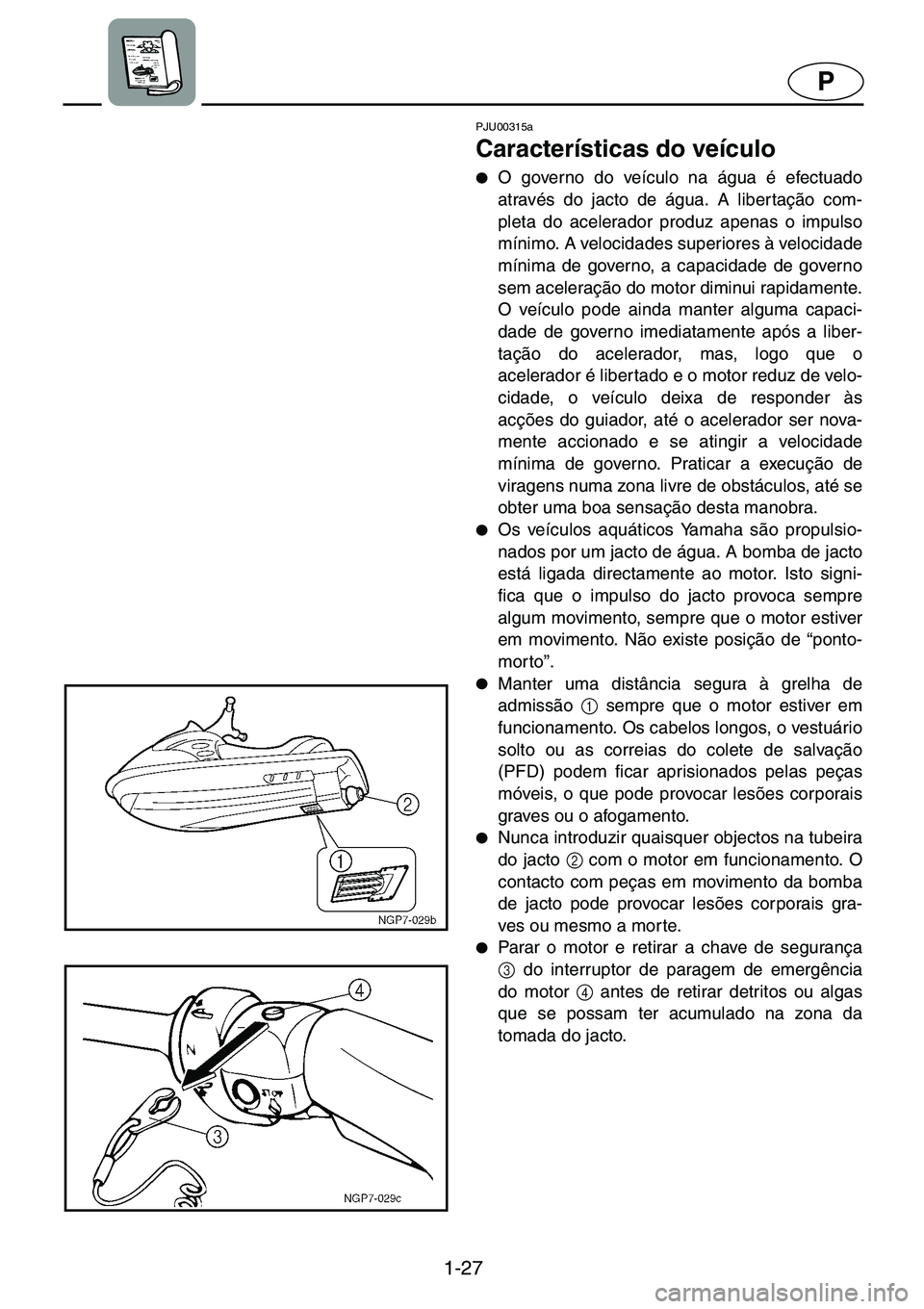 YAMAHA GP1200 2001  ΟΔΗΓΌΣ ΧΡΉΣΗΣ (in Greek) 1-27
P
PJU00315a 
Características do veículo  
●O governo do veículo na água é efectuado
através do jacto de água. A libertação com-
pleta do acelerador produz apenas o impulso
mínimo. A v