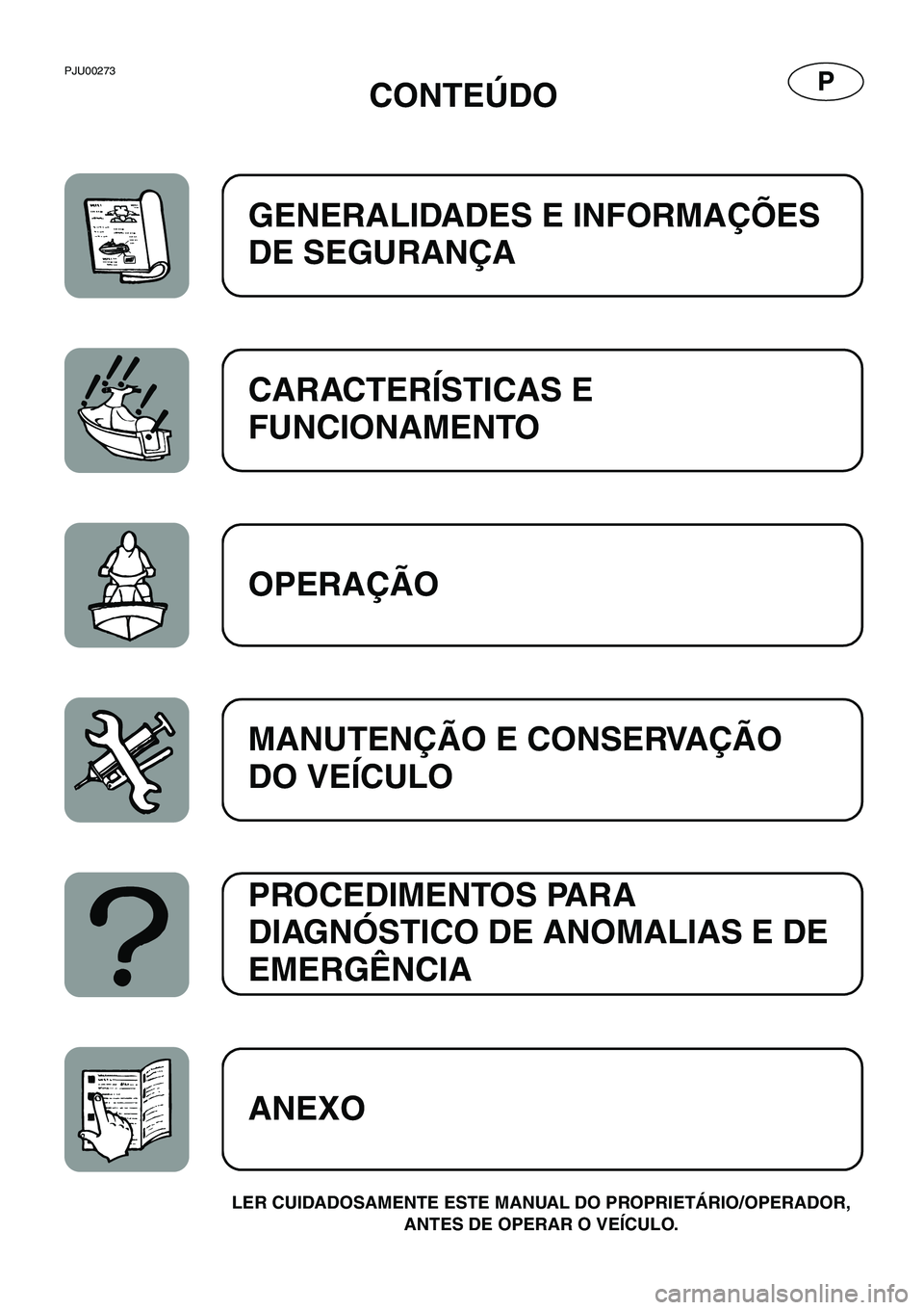 YAMAHA GP1200 2001  Manual de utilização (in Portuguese) PPJU00273 
CONTEÚDO
LER CUIDADOSAMENTE ESTE MANUAL DO PROPRIETÁRIO/OPERADOR, 
ANTES DE OPERAR O VEÍCULO.
GENERALIDADES E INFORMAÇÕES 
DE SEGURANÇA
CARACTERÍSTICAS E 
FUNCIONAMENTO 
OPERAÇÃO
M