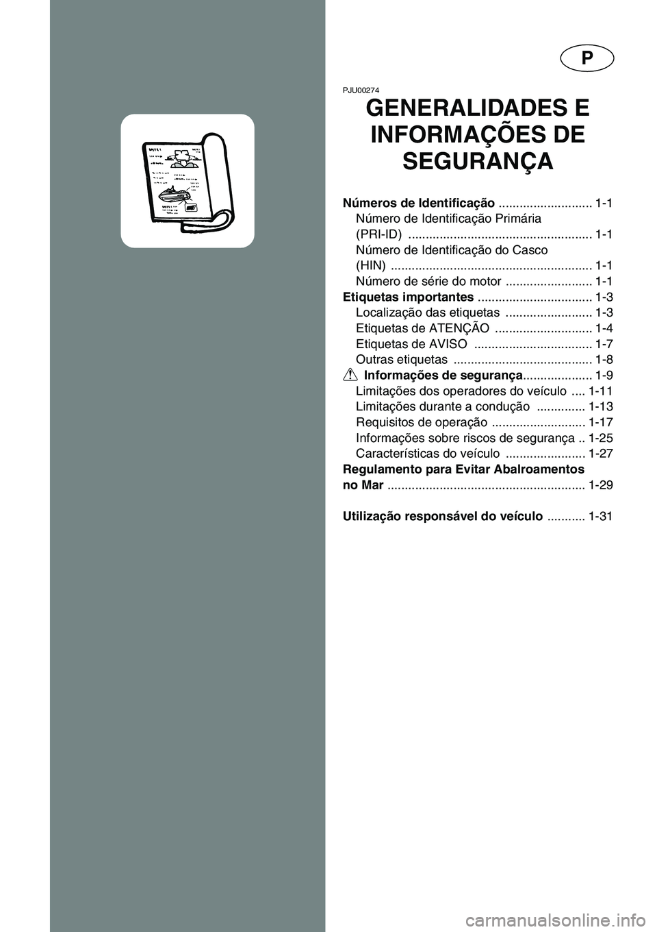YAMAHA GP1200 2001  Manual de utilização (in Portuguese) P
PJU00274
GENERALIDADES E 
INFORMAÇÕES DE 
SEGURANÇA
Números de Identificação ........................... 1-1
Número de Identificação Primária
(PRI-ID) .....................................