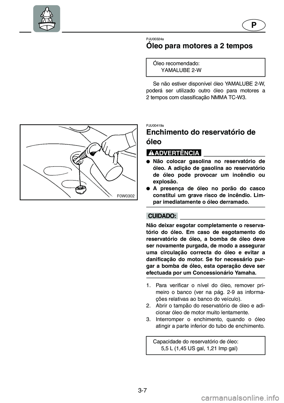 YAMAHA GP1200 2001  ΟΔΗΓΌΣ ΧΡΉΣΗΣ (in Greek) 3-7
P
PJU00324a 
Óleo para motores a 2 tempos 
Se não estiver disponível óleo YAMALUBE 2-W,
poderá ser utilizado outro óleo para motores a
2 tempos com classificação NMMA TC-W3. Óleo recomend