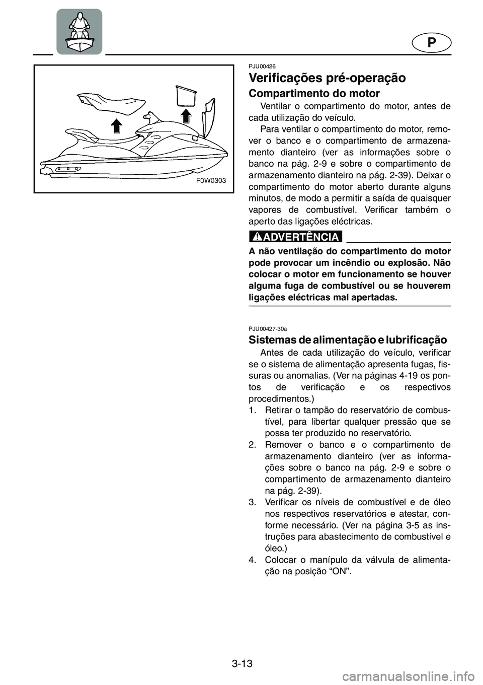 YAMAHA GP1200 2001  Manual de utilização (in Portuguese) 3-13
P
PJU00426 
Verificações pré-operação  
Compartimento do motor  
Ventilar o compartimento do motor, antes de
cada utilização do veículo. 
Para ventilar o compartimento do motor, remo-
ver