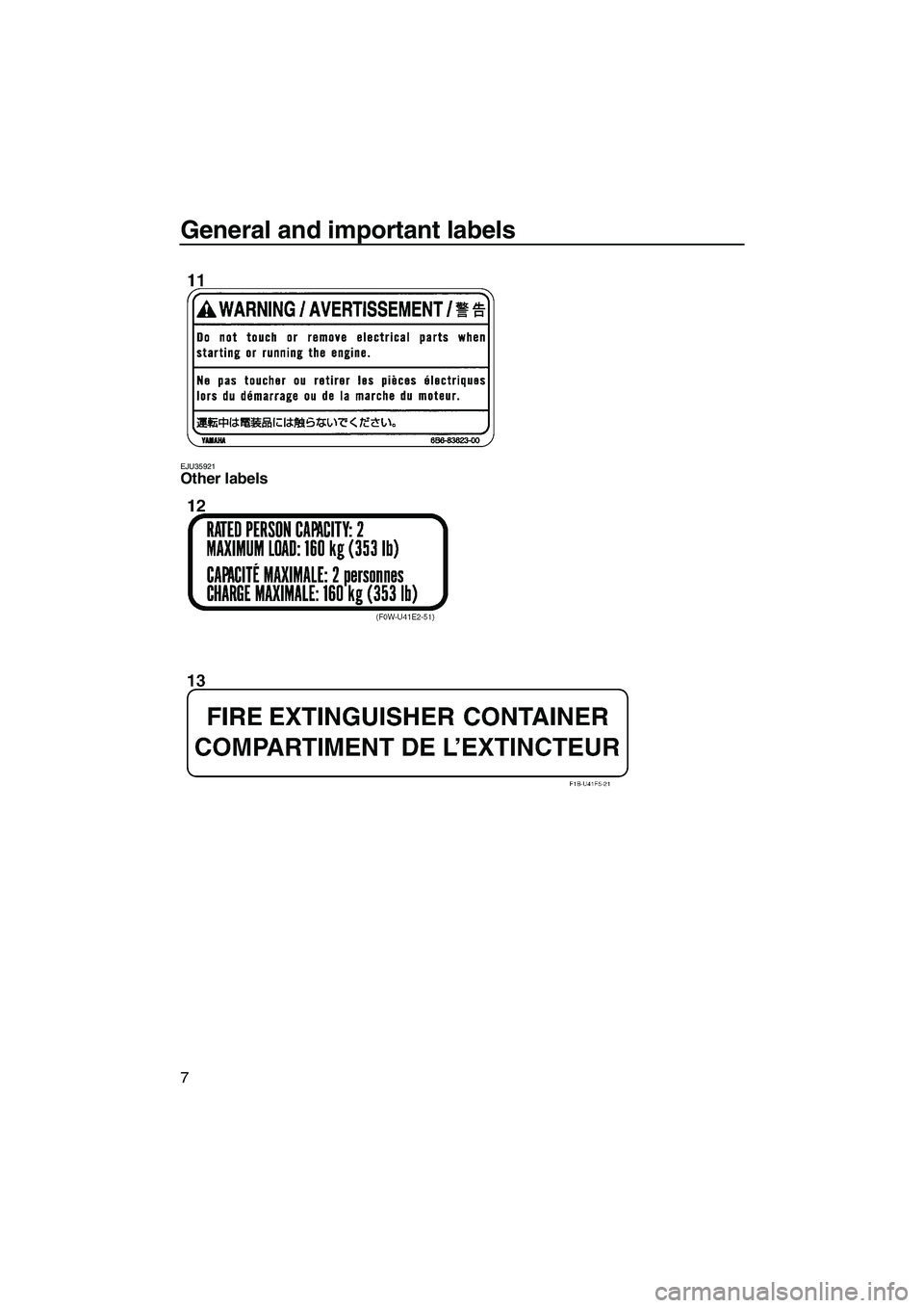 YAMAHA GP1300R 2007  Owners Manual General and important labels
7
EJU35921Other labels 
UF1G74E0.book  Page 7  Monday, July 31, 2006  10:10 AM 