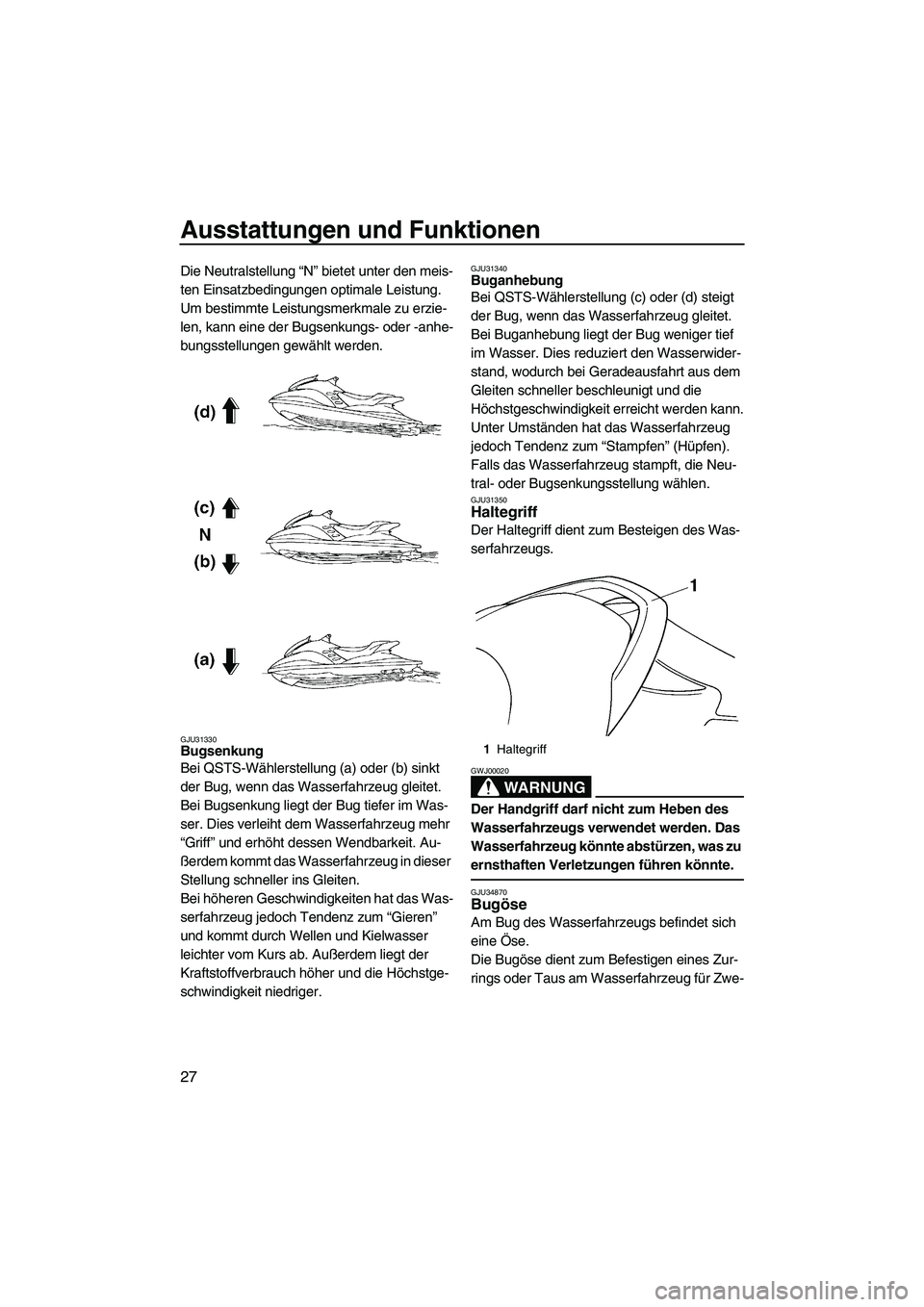 YAMAHA GP1300R 2007 Betriebsanleitungen (in German) Ausstattungen und Funktionen
27
Die Neutralstellung “N” bietet unter den meis-
ten Einsatzbedingungen optimale Leistung.
Um bestimmte Leistungsmerkmale zu erzie-
len, kann eine der Bugsenkungs- od YAMAHA GP1300R 2007 Betriebsanleitungen (in German) Ausstattungen und Funktionen
27
Die Neutralstellung “N” bietet unter den meis-
ten Einsatzbedingungen optimale Leistung.
Um bestimmte Leistungsmerkmale zu erzie-
len, kann eine der Bugsenkungs- od