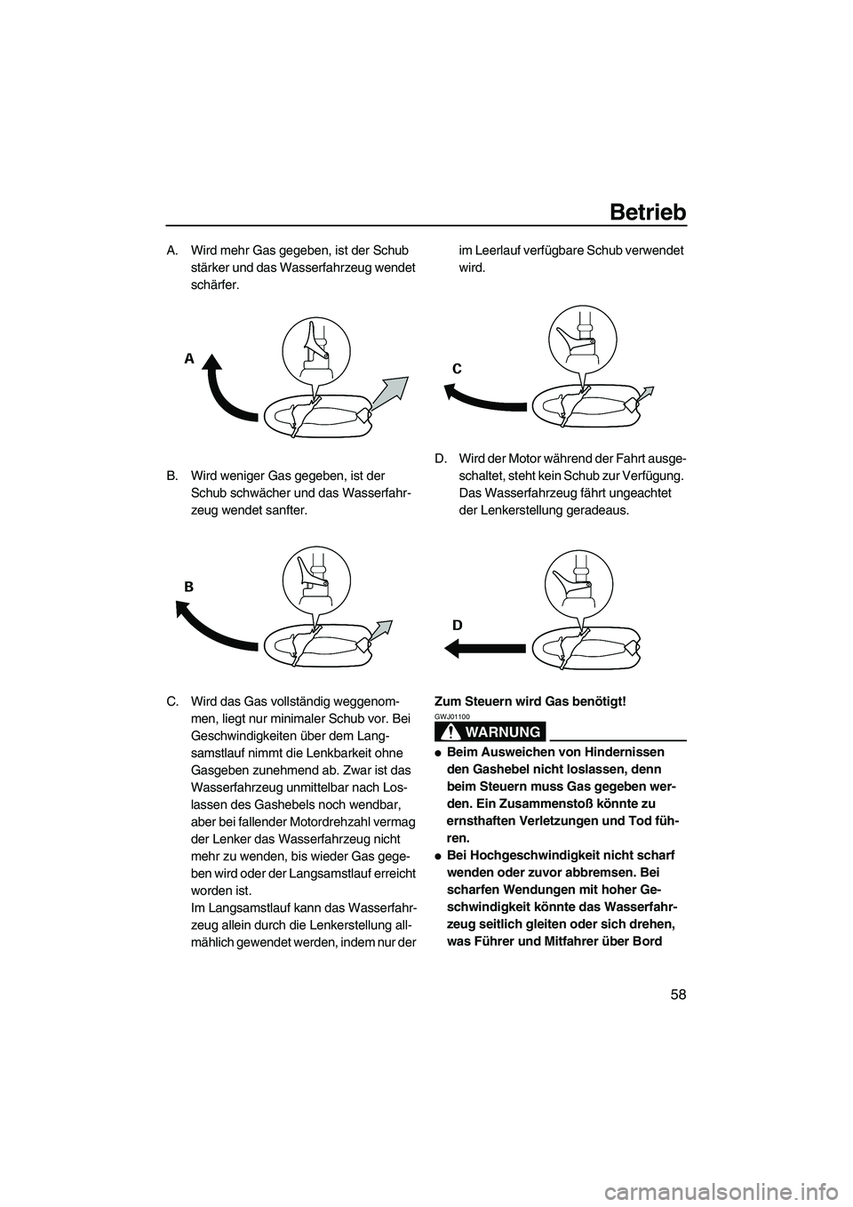 YAMAHA GP1300R 2007 Betriebsanleitungen (in German) Betrieb
58
A. Wird mehr Gas gegeben, ist der Schub
stärker und das Wasserfahrzeug wendet
schärfer.
B. Wird weniger Gas gegeben, ist der
Schub schwächer und das Wasserfahr-
zeug wendet sanfter.
C YAMAHA GP1300R 2007 Betriebsanleitungen (in German) Betrieb
58
A. Wird mehr Gas gegeben, ist der Schub
stärker und das Wasserfahrzeug wendet
schärfer.
B. Wird weniger Gas gegeben, ist der
Schub schwächer und das Wasserfahr-
zeug wendet sanfter.
C