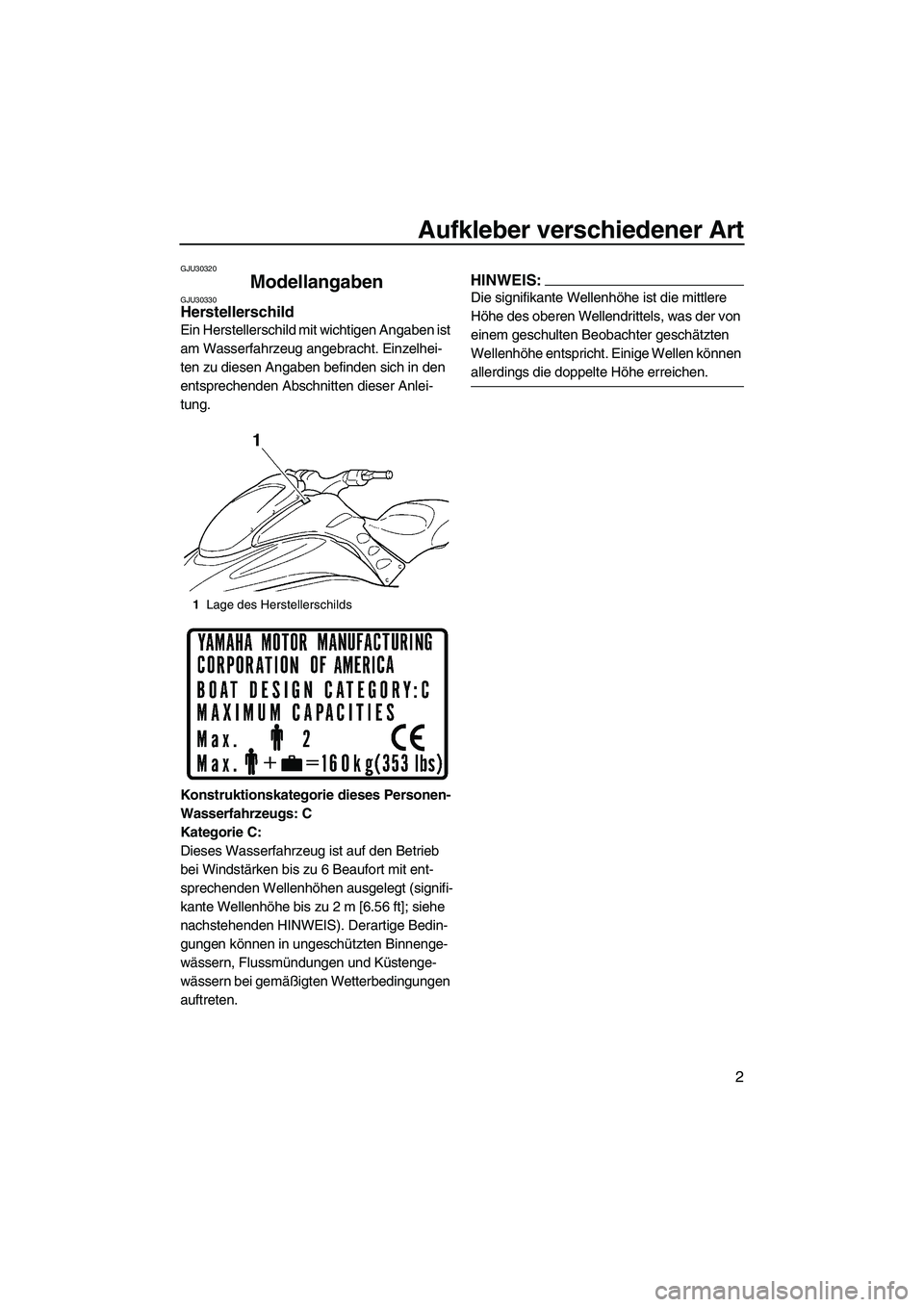 YAMAHA GP1300R 2007  Betriebsanleitungen (in German) Aufkleber verschiedener Art
2
GJU30320
Modellangaben GJU30330Herstellerschild 
Ein Herstellerschild mit wichtigen Angaben ist 
am Wasserfahrzeug angebracht. Einzelhei-
ten zu diesen Angaben befinden s