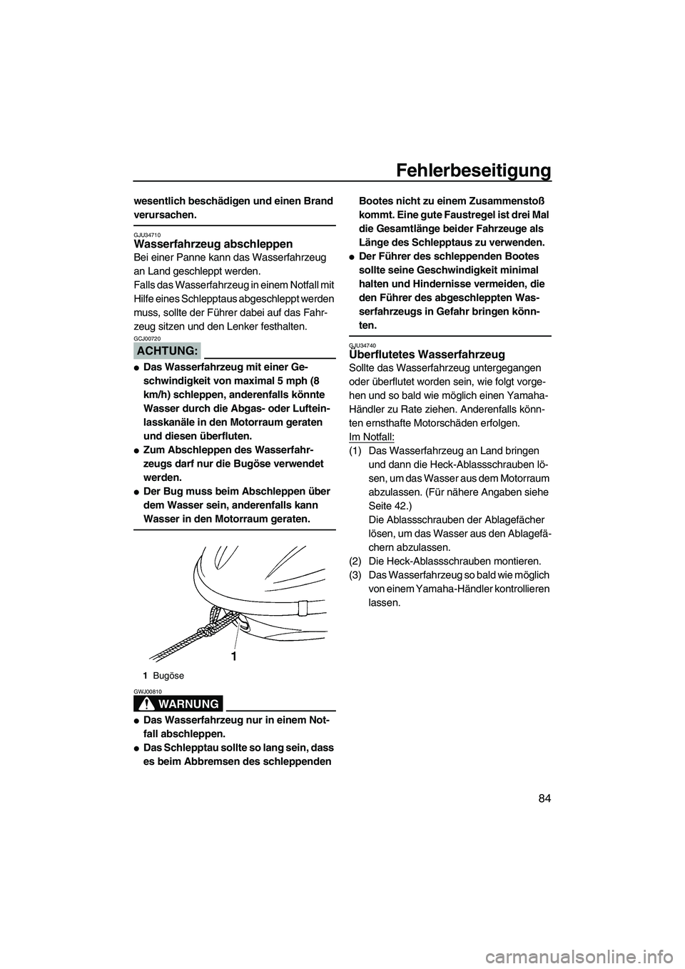 YAMAHA GP1300R 2007 Betriebsanleitungen (in German) Fehlerbeseitigung
84
wesentlich beschädigen und einen Brand
verursachen.
GJU34710Wasserfahrzeug abschleppen
Bei einer Panne kann das Wasserfahrzeug
an Land geschleppt werden.
Falls das Wasserfahrz YAMAHA GP1300R 2007 Betriebsanleitungen (in German) Fehlerbeseitigung
84
wesentlich beschädigen und einen Brand
verursachen.
GJU34710Wasserfahrzeug abschleppen
Bei einer Panne kann das Wasserfahrzeug
an Land geschleppt werden.
Falls das Wasserfahrz