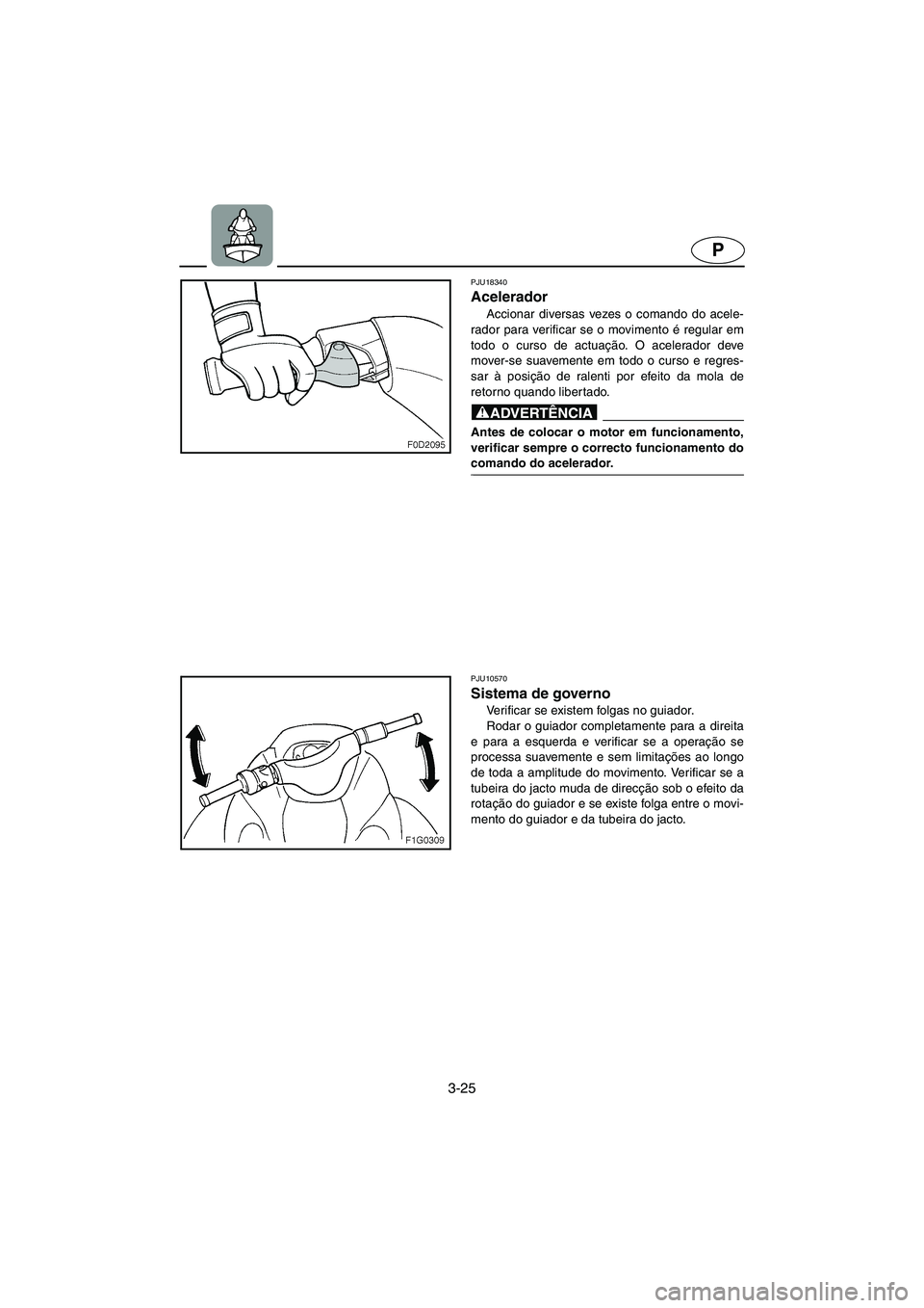YAMAHA GP1300R 2006  Manuale duso (in Italian) 3-25
P
PJU18340 
Acelerador  
Accionar diversas vezes o comando do acele-
rador para verificar se o movimento é regular em
todo o curso de actuação. O acelerador deve
mover-se suavemente em todo o 