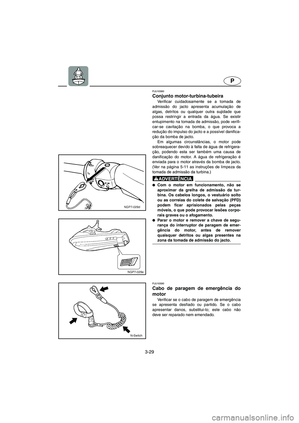 YAMAHA GP1300R 2006 Manuale duso (in Italian) 3-29
P
PJU10580
Conjunto motor-turbina-tubeira
Verificar cuidadosamente se a tomada de
admissão do jacto apresenta acumulação de
algas, detritos ou qualquer outra sujidade que
possa restringir a YAMAHA GP1300R 2006 Manuale duso (in Italian) 3-29
P
PJU10580
Conjunto motor-turbina-tubeira
Verificar cuidadosamente se a tomada de
admissão do jacto apresenta acumulação de
algas, detritos ou qualquer outra sujidade que
possa restringir a