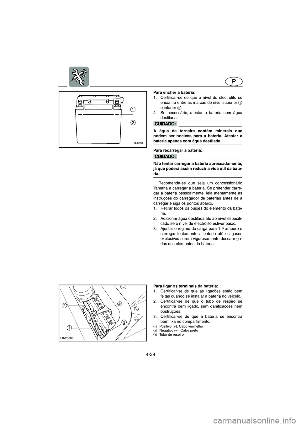 YAMAHA GP1300R 2006 Manuale duso (in Italian) 4-39
P
Para encher a bateria:
1. Certificar-se de que o nível do electrólito se
encontra entre as marcas de nível superior 1
e inferior 2
.
2. Se necessário, atestar a bateria com água
destilad YAMAHA GP1300R 2006 Manuale duso (in Italian) 4-39
P
Para encher a bateria:
1. Certificar-se de que o nível do electrólito se
encontra entre as marcas de nível superior 1
e inferior 2
.
2. Se necessário, atestar a bateria com água
destilad