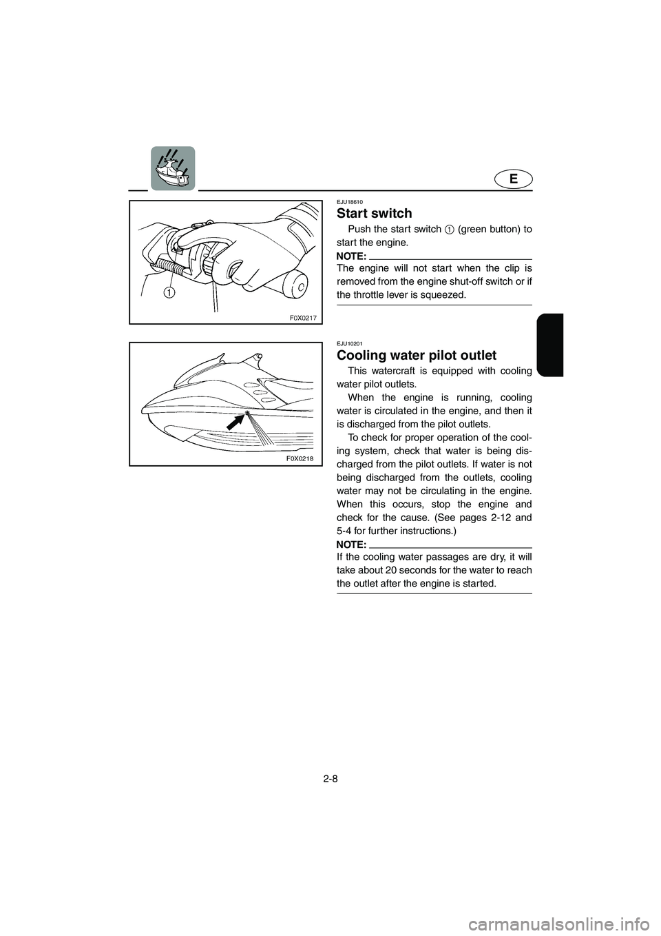 YAMAHA GP1300R 2005  Owners Manual 2-8
E
EJU18610 
Start switch 
Push the start switch 1 (green button) to
start the engine.
NOTE:@ The engine will not start when the clip is
removed from the engine shut-off switch or if
the throttle l