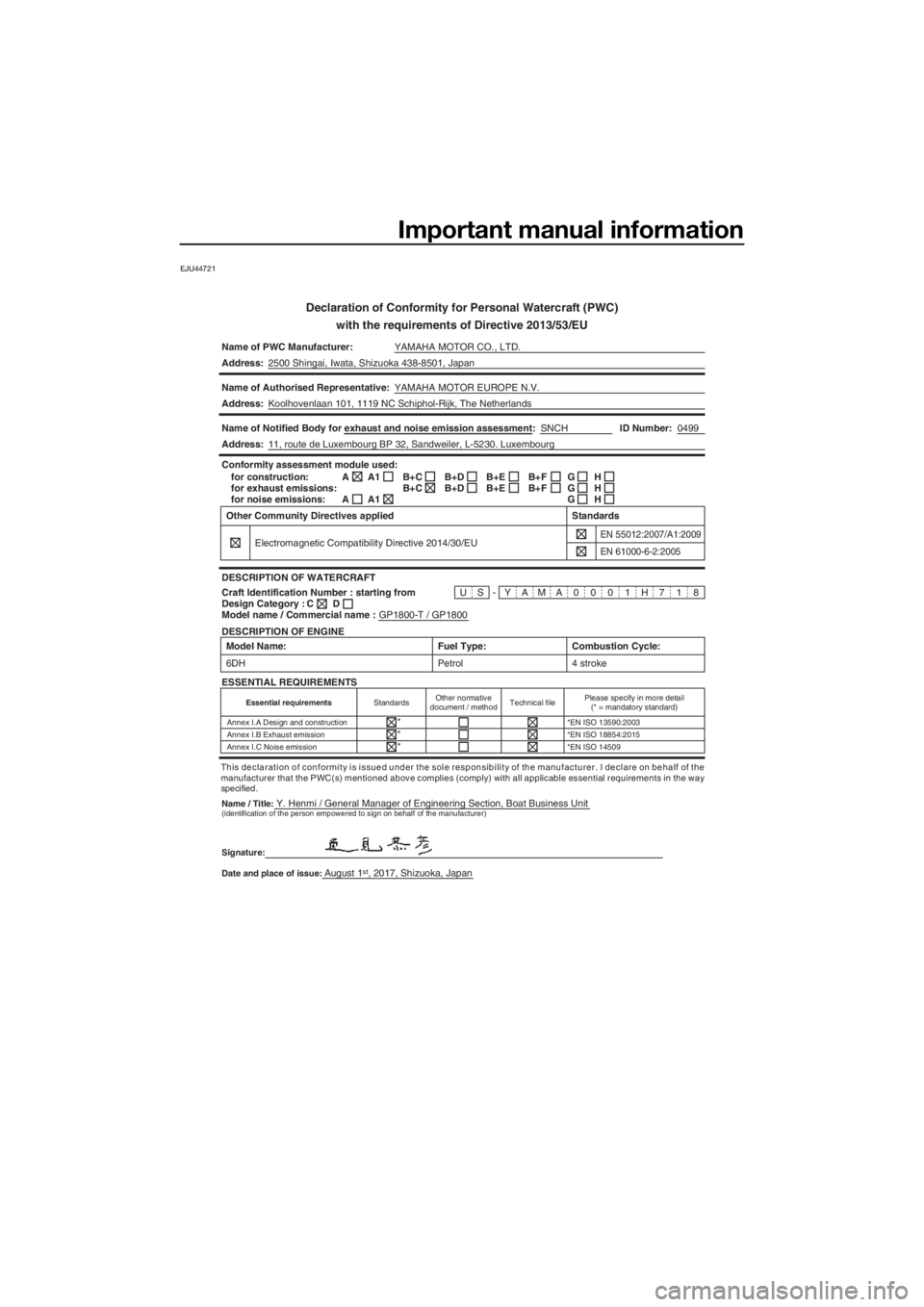 YAMAHA GP1800 2018  Owners Manual Important manual information
EJU44721
Declaration of Conformity for Personal Watercraft (PWC)
with the requirements of Directive 2013/53/EU
Name of PWC Manufacturer:YAMAHA MOTOR CO., LTD.
Address:2500