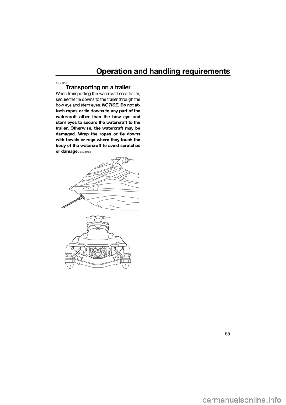 YAMAHA GP1800 2018  Owners Manual Operation and handling requirements
55
EJU42432
Transporting on a trailer
When transporting the watercraft on a trailer,
secure the tie downs to the trailer through the
bow eye and stern eyes. NOTICE:
