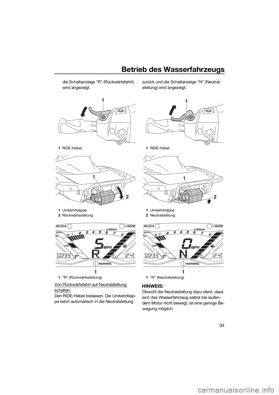 YAMAHA GP1800 2018  Betriebsanleitungen (in German) Betrieb des Wasserfahrzeugs
34
die Schaltanzeige “R” (Rückwärtsfahrt) 
wird angezeigt.
Von Rückwärtsfahrt auf Neutralstellung 
schalten:
Den RiDE-Hebel loslassen. Die Umkehrklap-
pe kehrt auto