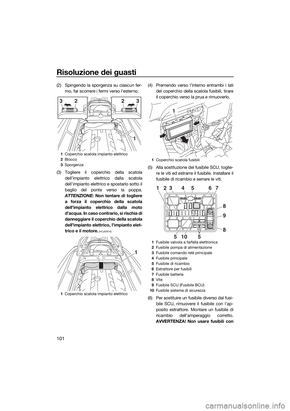 YAMAHA GP1800 2018 Manuale duso (in Italian) Risoluzione dei guasti
101
(2) Spingendo la sporgenza su ciascun fer-
mo, far scorrere i fermi verso l’esterno.
(3) Togliere il coperchio della scatola
dell’impianto elettrico dalla scatola
dell YAMAHA GP1800 2018 Manuale duso (in Italian) Risoluzione dei guasti
101
(2) Spingendo la sporgenza su ciascun fer-
mo, far scorrere i fermi verso l’esterno.
(3) Togliere il coperchio della scatola
dell’impianto elettrico dalla scatola
dell