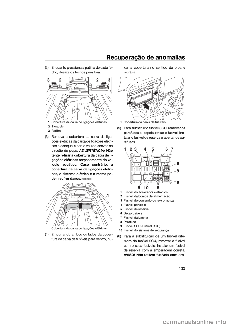 YAMAHA GP1800 2018 Manual de utilização (in Portuguese) Recuperação de anomalias
103
(2) Enquanto pressiona a patilha de cada fe-
cho, deslize os fechos para fora.
(3) Remova a cobertura da caixa de liga-
ções elétricas da caixa de ligações elétri- YAMAHA GP1800 2018 Manual de utilização (in Portuguese) Recuperação de anomalias
103
(2) Enquanto pressiona a patilha de cada fe-
cho, deslize os fechos para fora.
(3) Remova a cobertura da caixa de liga-
ções elétricas da caixa de ligações elétri-