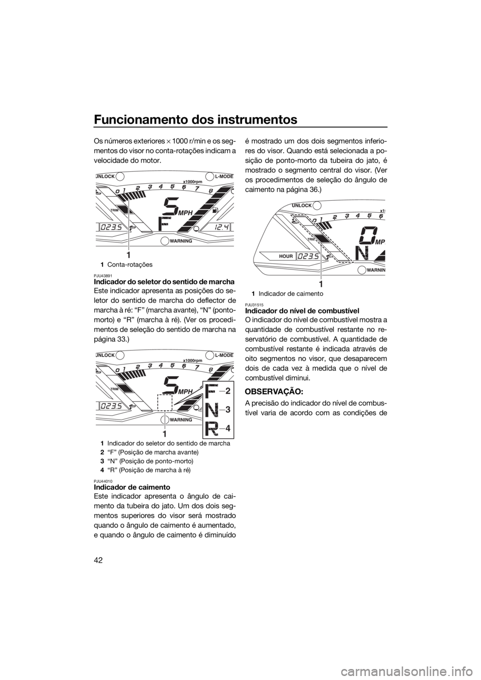 YAMAHA GP1800 2018 Manual de utilização (in Portuguese) Funcionamento dos instrumentos
42
Os números exteriores × 1000 r/min e os seg-
mentos do visor no conta-rotações indicam a
velocidade do motor.
PJU43891Indicador do seletor do sentido de marcha
E YAMAHA GP1800 2018 Manual de utilização (in Portuguese) Funcionamento dos instrumentos
42
Os números exteriores × 1000 r/min e os seg-
mentos do visor no conta-rotações indicam a
velocidade do motor.
PJU43891Indicador do seletor do sentido de marcha
E