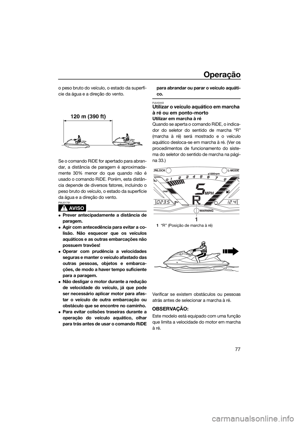 YAMAHA GP1800 2018  Manual de utilização (in Portuguese) Operação
77
o peso bruto do veículo, o estado da superfí-
cie da água e a direção do vento.
Se o comando RiDE for apertado para abran-
dar, a distância de paragem é aproximada-
mente 30% meno