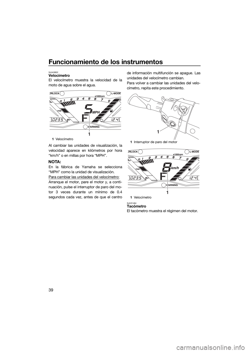 YAMAHA GP1800 2017  Manuale de Empleo (in Spanish) Funcionamiento de los instrumentos
39
SJU43832Velocímetro
El velocímetro muestra la velocidad de la
moto de agua sobre el agua.
Al cambiar las unidades de visualización, la
velocidad aparece en kil