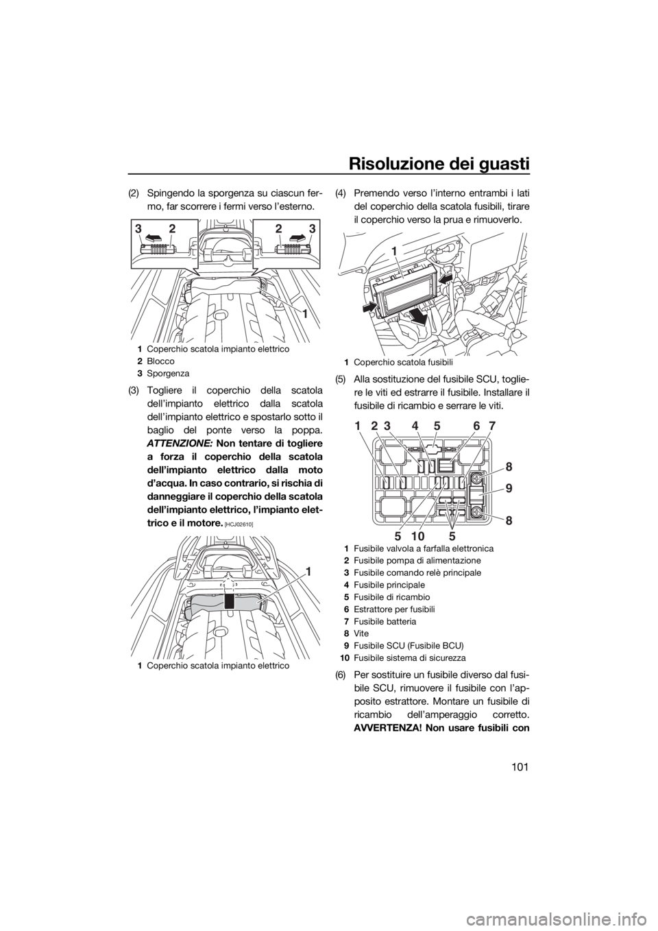 YAMAHA GP1800 2017 Manuale duso (in Italian) Risoluzione dei guasti
101
(2) Spingendo la sporgenza su ciascun fer-
mo, far scorrere i fermi verso l’esterno.
(3) Togliere il coperchio della scatola
dell’impianto elettrico dalla scatola
dell YAMAHA GP1800 2017 Manuale duso (in Italian) Risoluzione dei guasti
101
(2) Spingendo la sporgenza su ciascun fer-
mo, far scorrere i fermi verso l’esterno.
(3) Togliere il coperchio della scatola
dell’impianto elettrico dalla scatola
dell