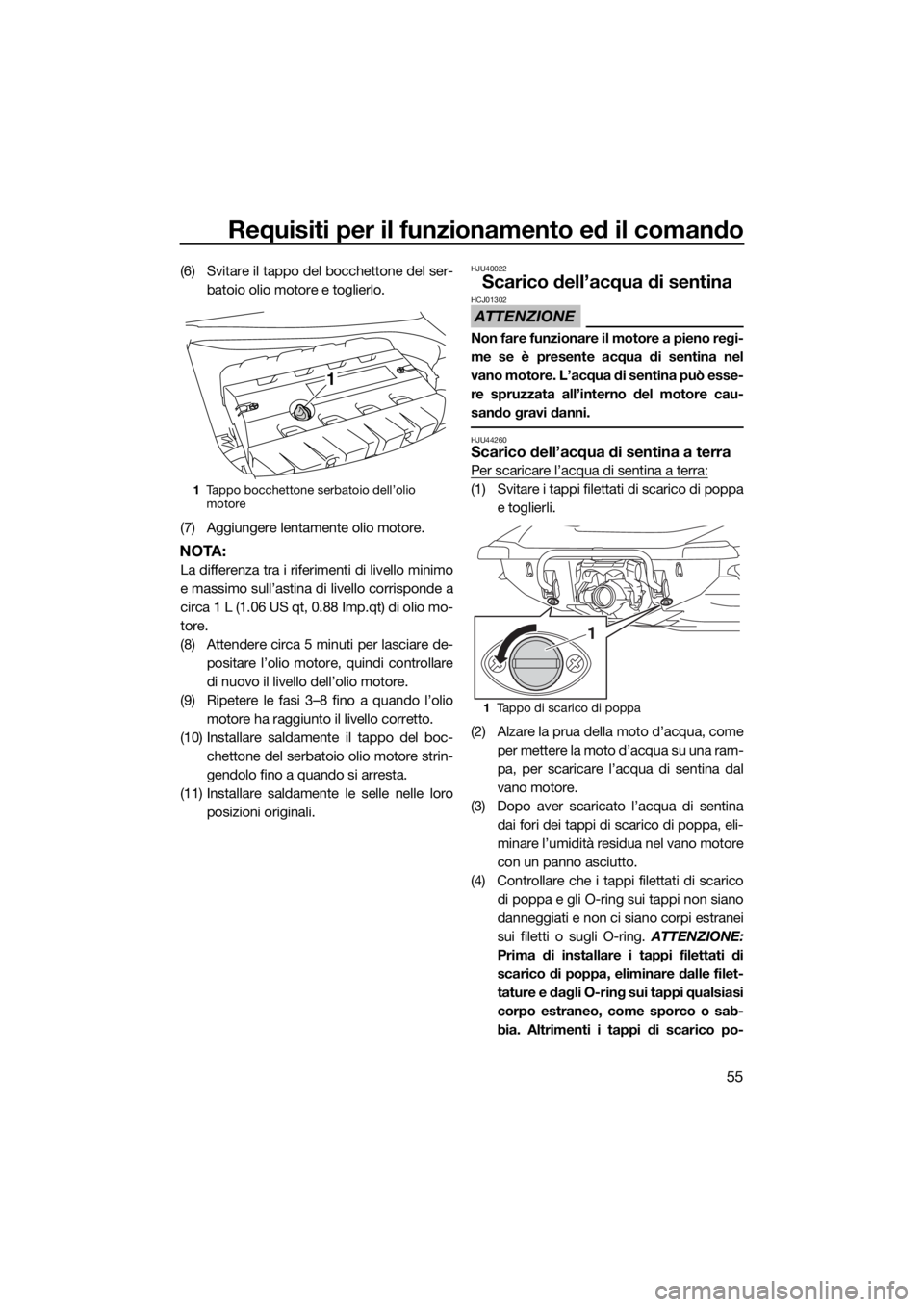 YAMAHA GP1800 2017 Manuale duso (in Italian) Requisiti per il funzionamento ed il comando
55
(6) Svitare il tappo del bocchettone del ser-
batoio olio motore e toglierlo.
(7) Aggiungere lentamente olio motore.
NOTA:
La differenza tra i riferimen YAMAHA GP1800 2017 Manuale duso (in Italian) Requisiti per il funzionamento ed il comando
55
(6) Svitare il tappo del bocchettone del ser-
batoio olio motore e toglierlo.
(7) Aggiungere lentamente olio motore.
NOTA:
La differenza tra i riferimen