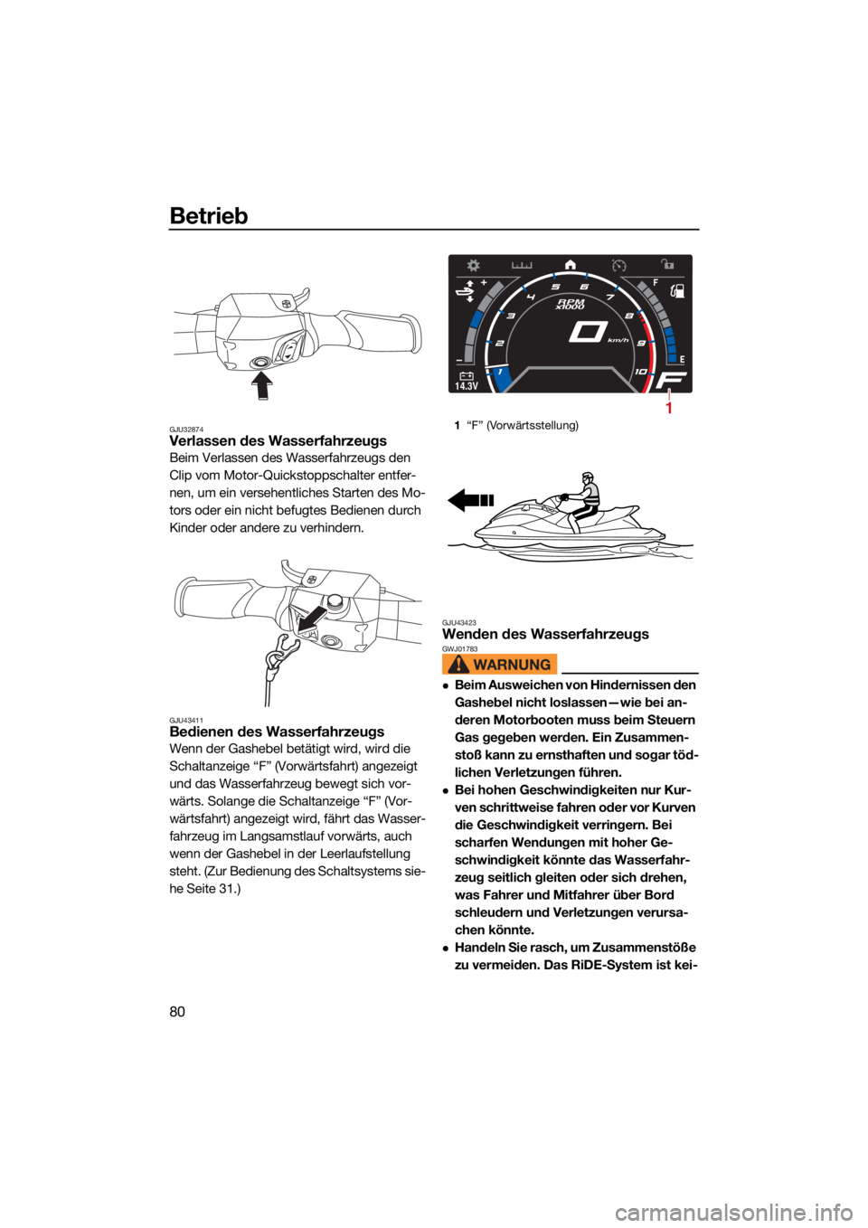 YAMAHA GP1800R SVHO 2022  Betriebsanleitungen (in German) Betrieb
80
GJU32874Verlassen des Wasserfahrzeugs
Beim Verlassen des Wasserfahrzeugs den 
Clip vom Motor-Quickstoppschalter entfer-
nen, um ein versehentliches Starten des Mo-
tors oder ein nicht befug
