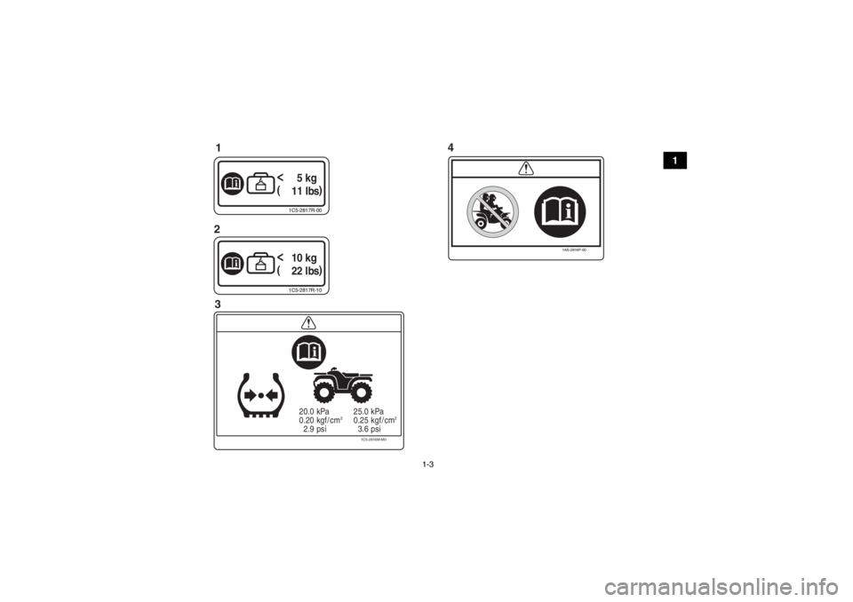YAMAHA GRIZZLY 125 2013  Manuale de Empleo (in Spanish) 1-3
1
1
2 3 4
1C5-2817R-00
<     5 kg
(     11 Ibs )1C5-2817R-10
<   10 kg
(     22 Ibs )
1C5-2816M-M0
kPa
kgf / cm
2
psi
20.0
0.20
2.9 kPa
kgf / cm
2
psi
25.0
0.25
3.6
1AS-2816P-00
U1PY61S0.book  Pag