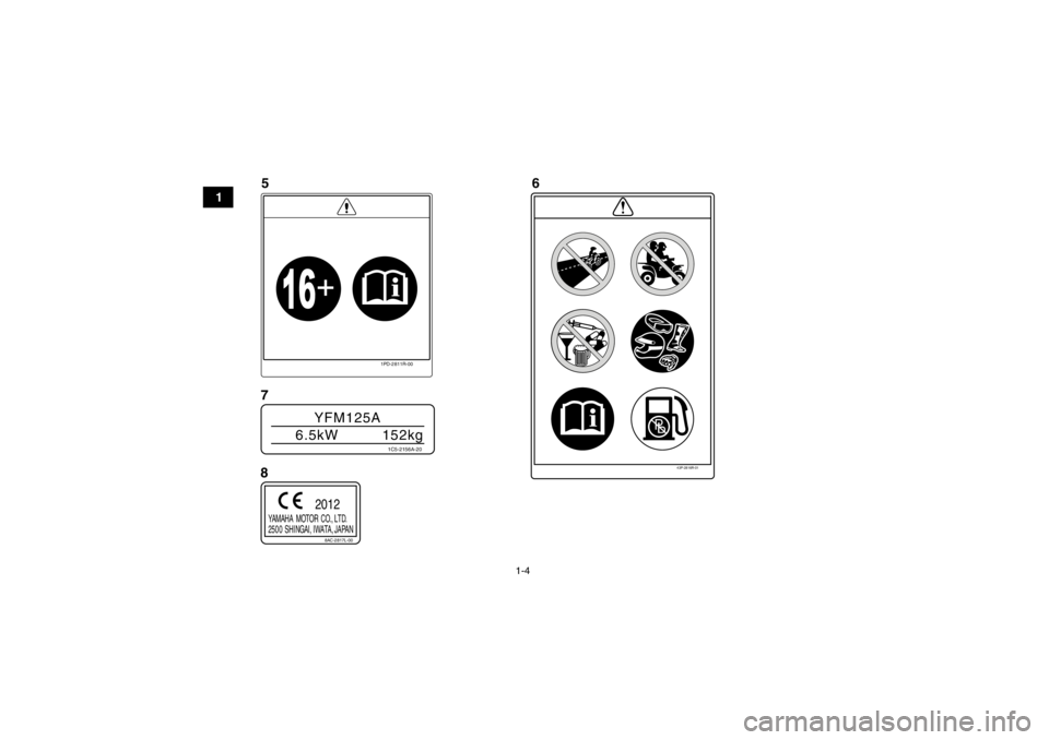 YAMAHA GRIZZLY 125 2013  Manuale de Empleo (in Spanish) 1-4
1
43P-2816R-01
YFM125A
6.5kW 152kg
1C5-2156A-20
8AC-2817L-00
 YAMAHA    MOTO R  C O., LT D.
 2500  SHINGAI,  IWATA,  JAPAN
2012
1PD-2811R-00
5 6
7
8
U1PY61S0.book  Page 4  Thursday, March 15, 2012