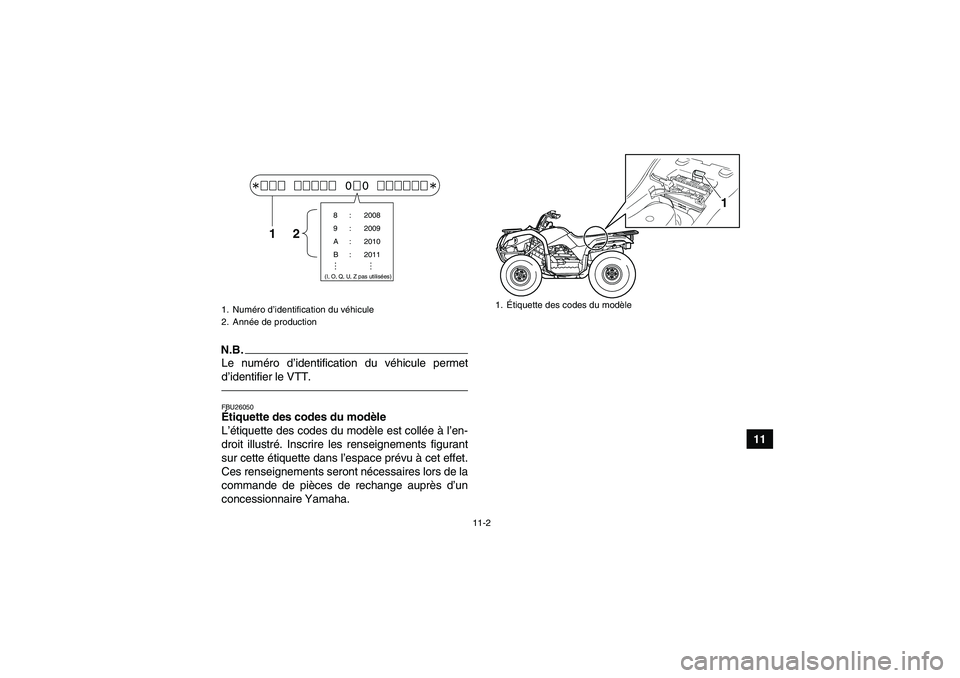 YAMAHA GRIZZLY 125 2012  Notices Demploi (in French) 11-2
11
N.B.Le numéro d’identification du véhicule permet
d’identifier le VTT.FBU26050Étiquette des codes du modèle 
L’étiquette des codes du modèle est collée à l’en-
droit illustré.
