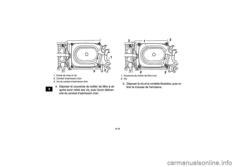 YAMAHA GRIZZLY 125 2012  Notices Demploi (in French) 8-18
84. Déposer le couvercle du boîtier de filtre à air
après avoir retiré ses vis, puis l’avoir débran-
ché du conduit d’admission d’air.5. Déposer la vis et la rondelle illustrées, p