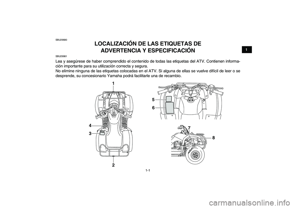 YAMAHA GRIZZLY 125 2011  Manuale de Empleo (in Spanish)  
1-1 
1
2
3
4
5
6
7
8
9
10
11
 
SBU29680 
LOCALIZACIÓN DE LAS ETIQUETAS DE 
ADVERTENCIA Y ESPECIFICACIÓN  
SBU29981 
Lea y asegúrese de haber comprendido el contenido de todas las etiquetas del AT