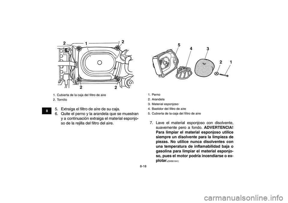 YAMAHA GRIZZLY 125 2011  Manuale de Empleo (in Spanish)  
8-18 
1
2
3
4
5
6
78
9
10
11
 
5. Extraiga el filtro de aire de su caja.
6. Quite el perno y la arandela que se muestran
y a continuación extraiga el material esponjo-
so de la rejilla del filtro d
