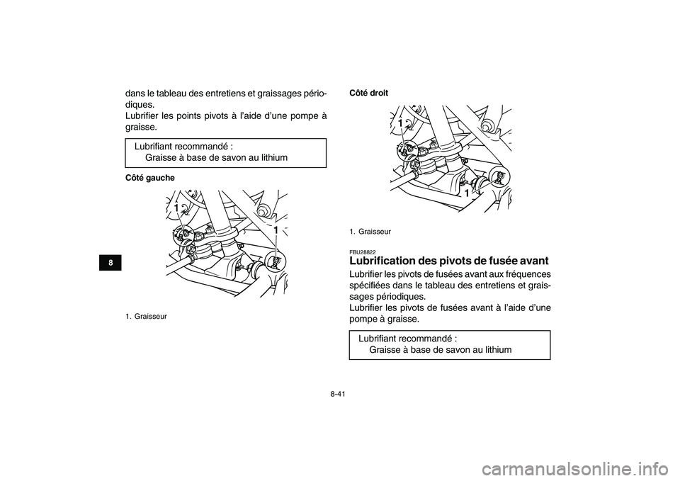 YAMAHA GRIZZLY 125 2011  Notices Demploi (in French)  
8-41 
1
2
3
4
5
6
78
9
10
11
 
dans le tableau des entretiens et graissages pério-
diques.
Lubrifier les points pivots à l’aide d’une pompe à
graisse. 
Côté gaucheCôté droit 
FBU28822 
Lu