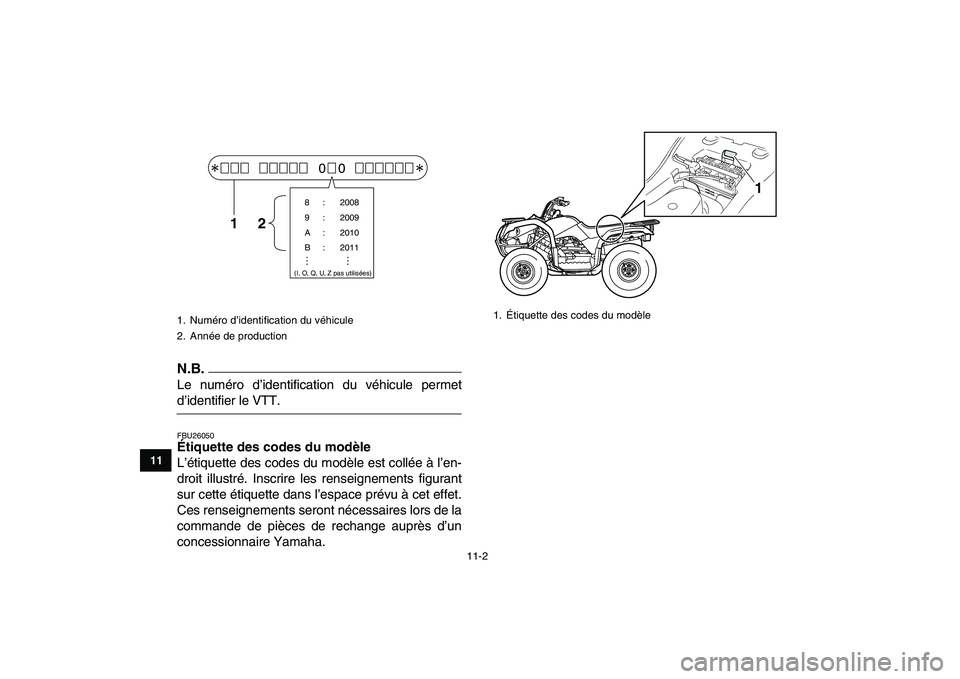 YAMAHA GRIZZLY 125 2011  Notices Demploi (in French)  
11-2 
1
2
3
4
5
6
7
8
9
1011
N.B.
 
Le numéro d’identification du véhicule permet 
d’identifier le VTT. 
FBU26050 
Étiquette des codes du modèle  
L’étiquette des codes du modèle est col