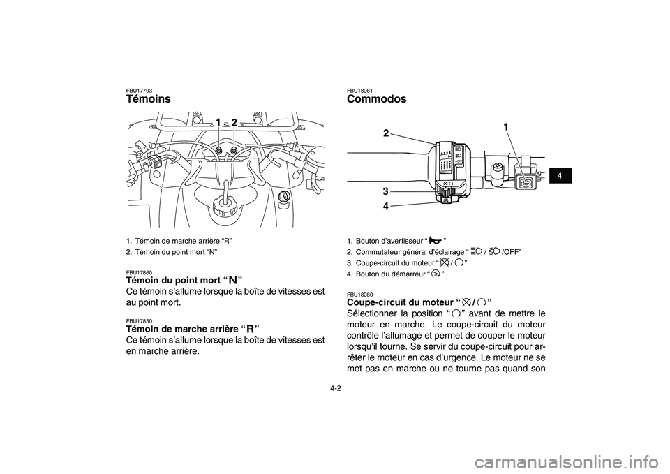 YAMAHA GRIZZLY 125 2011  Notices Demploi (in French)  
4-2 
1
2
34
5
6
7
8
9
10
11
 
FBU17793 
Témoins  
FBU17860 
Témoin du point mort “”  
Ce témoin s’allume lorsque la boîte de vitesses est
au point mort. 
FBU17830 
Témoin de marche arriè