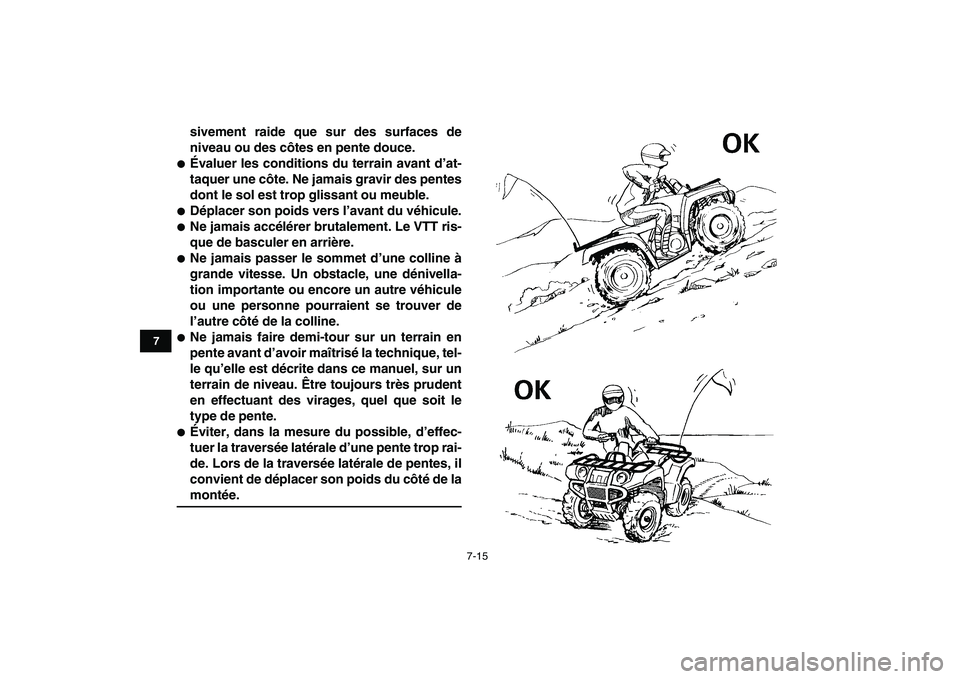 YAMAHA GRIZZLY 125 2011 Notices Demploi (in French)
7-15
1
2
3
4
5
67
8
9
10
11
sivement raide que sur des surfaces de
niveau ou des côtes en pente douce.
Évaluer les conditions du terrain avant d’at-
taquer une côte. Ne jamais gravir des YAMAHA GRIZZLY 125 2011 Notices Demploi (in French)
7-15
1
2
3
4
5
67
8
9
10
11
sivement raide que sur des surfaces de
niveau ou des côtes en pente douce.
Évaluer les conditions du terrain avant d’at-
taquer une côte. Ne jamais gravir des