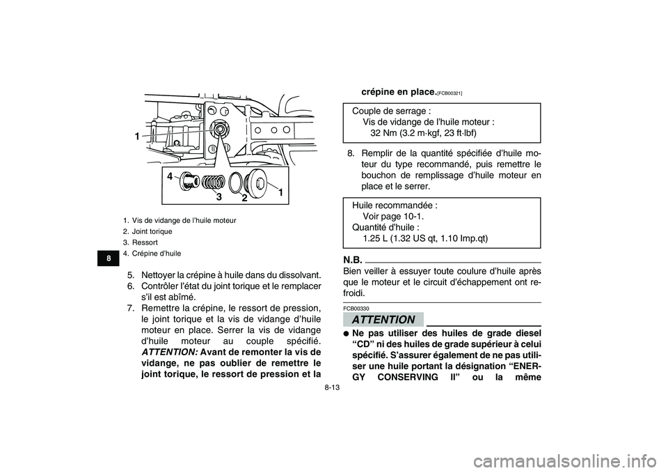 YAMAHA GRIZZLY 125 2011 Notices Demploi (in French)
8-13
1
2
3
4
5
6
78
9
10
11
5. Nettoyer la crépine à huile dans du dissolvant.
6. Contrôler l’état du joint torique et le remplacer
s’il est abîmé.
7. Remettre la crépine, le ressort d YAMAHA GRIZZLY 125 2011 Notices Demploi (in French)
8-13
1
2
3
4
5
6
78
9
10
11
5. Nettoyer la crépine à huile dans du dissolvant.
6. Contrôler l’état du joint torique et le remplacer
s’il est abîmé.
7. Remettre la crépine, le ressort d