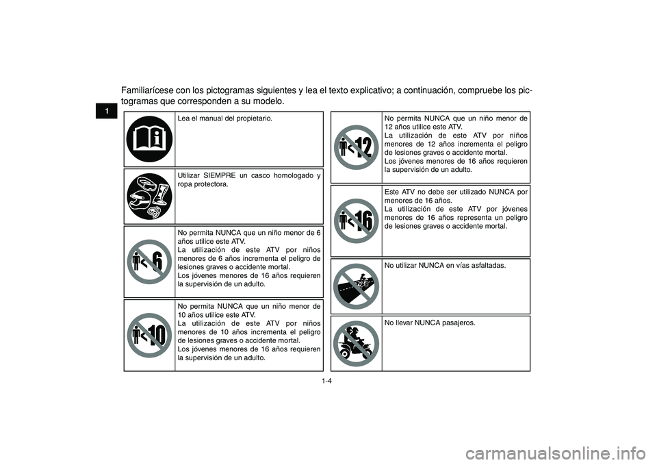 YAMAHA GRIZZLY 125 2010 Manuale de Empleo (in Spanish)
1-4
1
2
3
4
5
6
7
8
9
10
11
Familiarícese con los pictogramas siguientes y lea el texto explicativo; a continuación, compruebe los pic-
togramas que corresponden a su modelo.
Lea el manual del YAMAHA GRIZZLY 125 2010 Manuale de Empleo (in Spanish)
1-4
1
2
3
4
5
6
7
8
9
10
11
Familiarícese con los pictogramas siguientes y lea el texto explicativo; a continuación, compruebe los pic-
togramas que corresponden a su modelo.
Lea el manual del