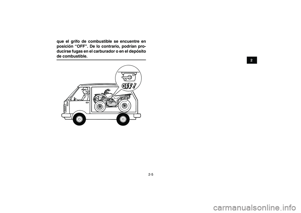 YAMAHA GRIZZLY 125 2010  Manuale de Empleo (in Spanish)  
2-5 
12
3
4
5
6
7
8
9
10
11
 
que el grifo de combustible se encuentre en
posición “OFF”. De lo contrario, podrían pro-
ducirse fugas en el carburador o en el depósito 
de combustible. 