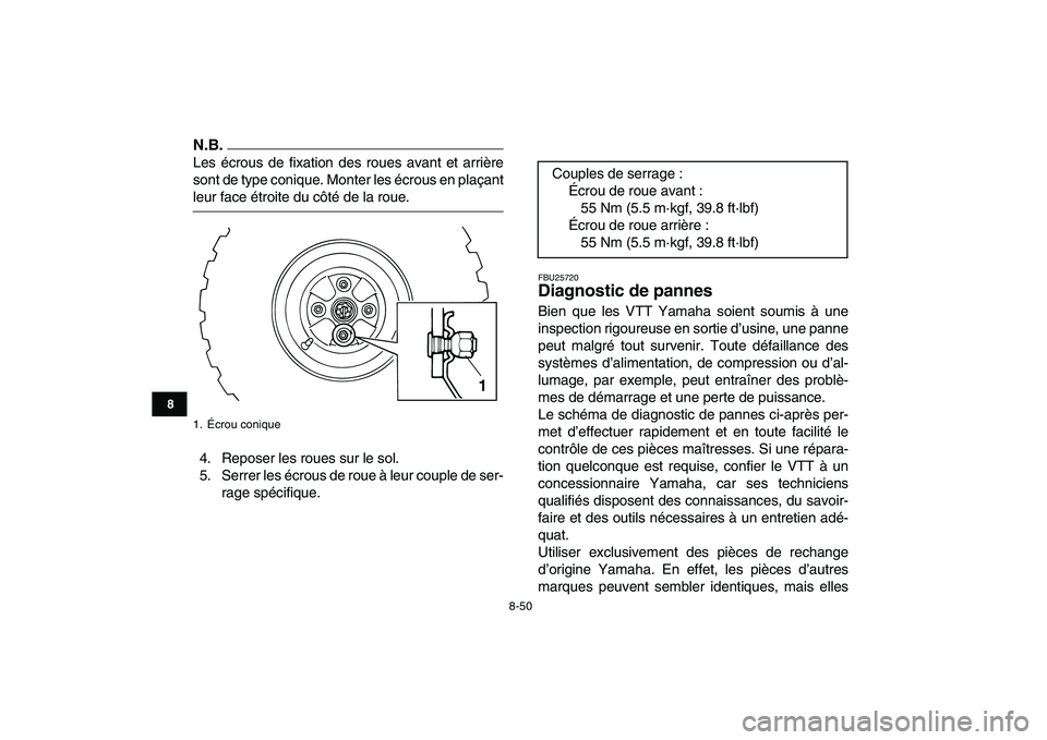 YAMAHA GRIZZLY 125 2010  Notices Demploi (in French)  
8-50 
1
2
3
4
5
6
78
9
10
11
N.B.
 
Les écrous de fixation des roues avant et arrière
sont de type conique. Monter les écrous en plaçant 
leur face étroite du côté de la roue.
4. Reposer les 