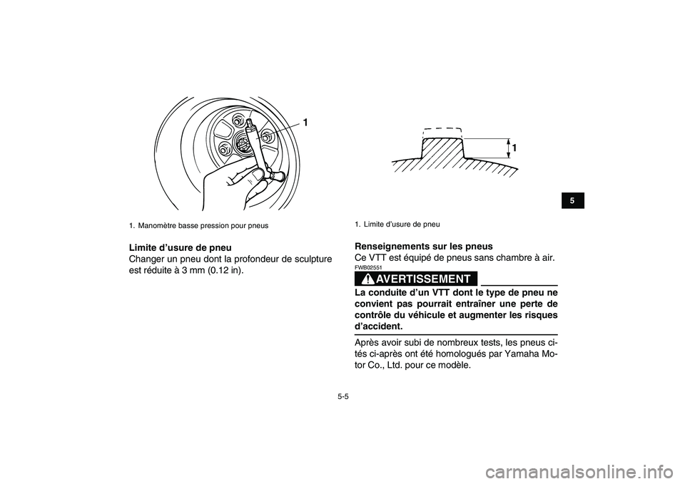 YAMAHA GRIZZLY 125 2010  Notices Demploi (in French)  
5-5 
1
2
3
45
6
7
8
9
10
11
 
Limite d’usure de pneu 
Changer un pneu dont la profondeur de sculpture
est réduite à 3 mm (0.12 in). 
Renseignements sur les pneus 
Ce VTT est équipé de pneus sa