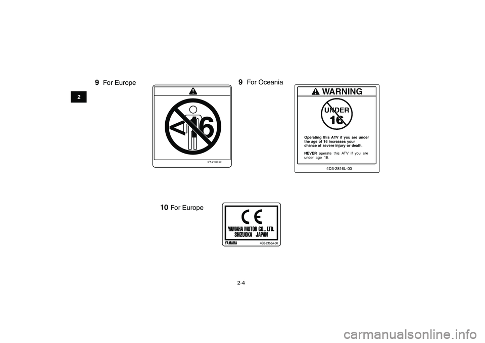 YAMAHA GRIZZLY 125 2009  Owners Manual  
2-4 
12
3
4
5
6
7
8
9
10
11
4D3-2816L-00
<
16
5FK-21697-00
For EuropeFor Oceania
YAMAHA MOTOR CO., LTD.
SHIZUOKA   JAPANp
4GB-2155A-00
For Europe
99
10 
Operating this ATV if you are under
the age o
