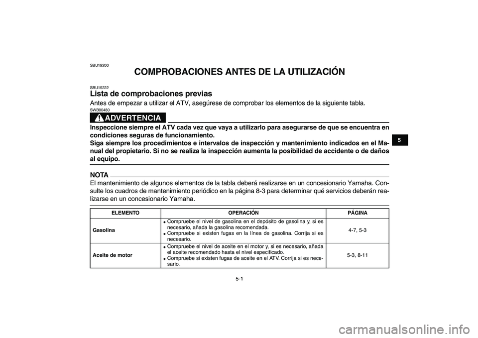 YAMAHA GRIZZLY 125 2009 Manuale de Empleo (in Spanish)
5-1
1
2
3
45
6
7
8
9
10
11
SBU19200
COMPROBACIONES ANTES DE LA UTILIZACIÓN
SBU19222
Lista de comprobaciones previas
Antes de empezar a utilizar el ATV, asegúrese de comprobar los elementos YAMAHA GRIZZLY 125 2009 Manuale de Empleo (in Spanish)
5-1
1
2
3
45
6
7
8
9
10
11
SBU19200
COMPROBACIONES ANTES DE LA UTILIZACIÓN
SBU19222
Lista de comprobaciones previas
Antes de empezar a utilizar el ATV, asegúrese de comprobar los elementos