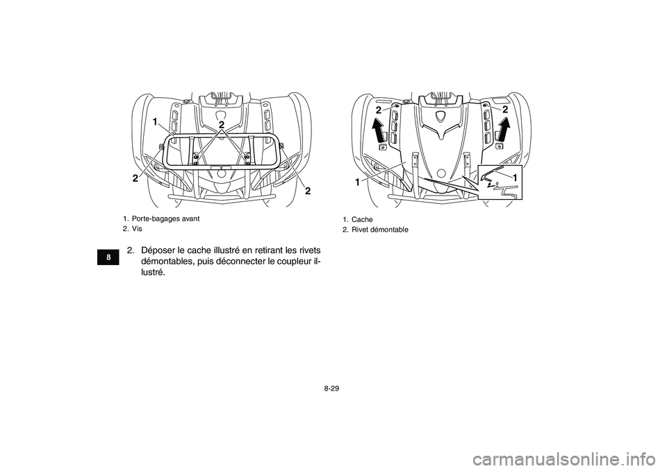YAMAHA GRIZZLY 125 2009  Notices Demploi (in French)  
8-29 
1
2
3
4
5
6
78
9
10
11
 
2. Déposer le cache illustré en retirant les rivets
démontables, puis déconnecter le coupleur il-
lustré. 
1. Porte-bagages avant
2. Vis
1
22
2
 
1. Cache
2. Rive