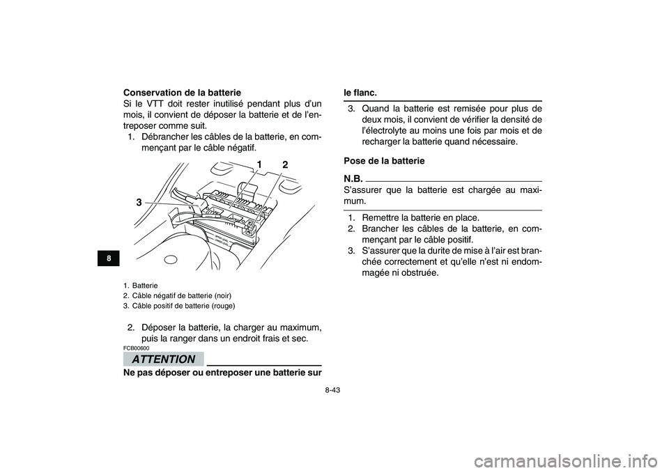 YAMAHA GRIZZLY 125 2009  Notices Demploi (in French)  
8-43 
1
2
3
4
5
6
78
9
10
11
 
Conservation de la batterie 
Si le VTT doit rester inutilisé pendant plus d’un
mois, il convient de déposer la batterie et de l’en-
treposer comme suit.
1. Débr