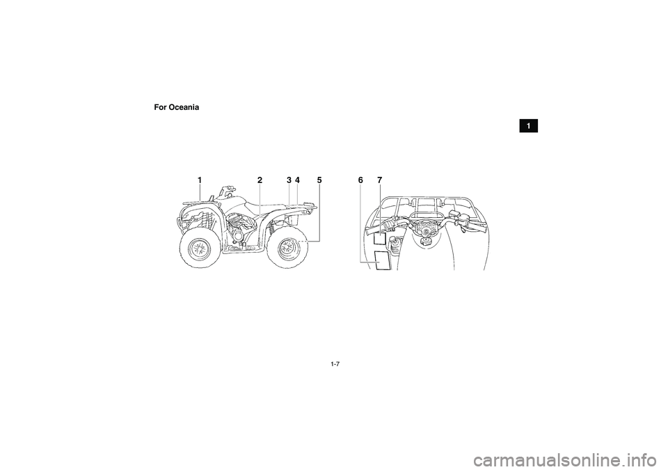 YAMAHA GRIZZLY 250 2011  Owners Manual 1-7
1 For Oceania
U1P066E0.book  Page 7  Thursday, August 5, 2010  4:15 PM 