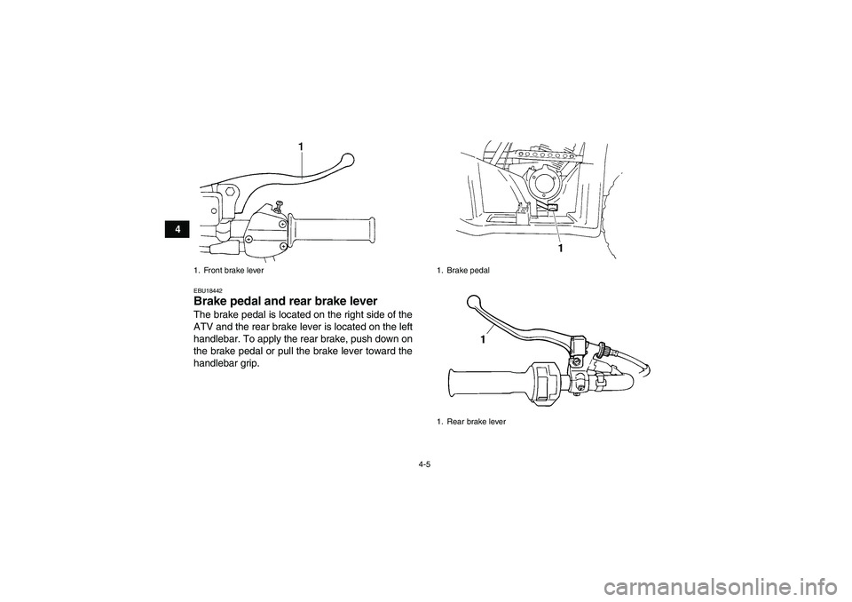 YAMAHA GRIZZLY 250 2011  Owners Manual 4-5
4
EBU18442Brake pedal and rear brake lever The brake pedal is located on the right side of the
ATV and the rear brake lever is located on the left
handlebar. To apply the rear brake, push down on
